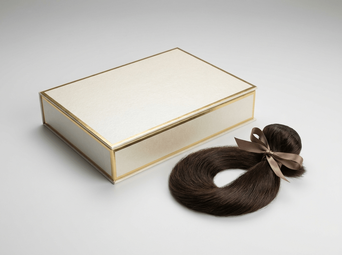 Elegant rigid wig packaging box with a hair bundle resting beside it