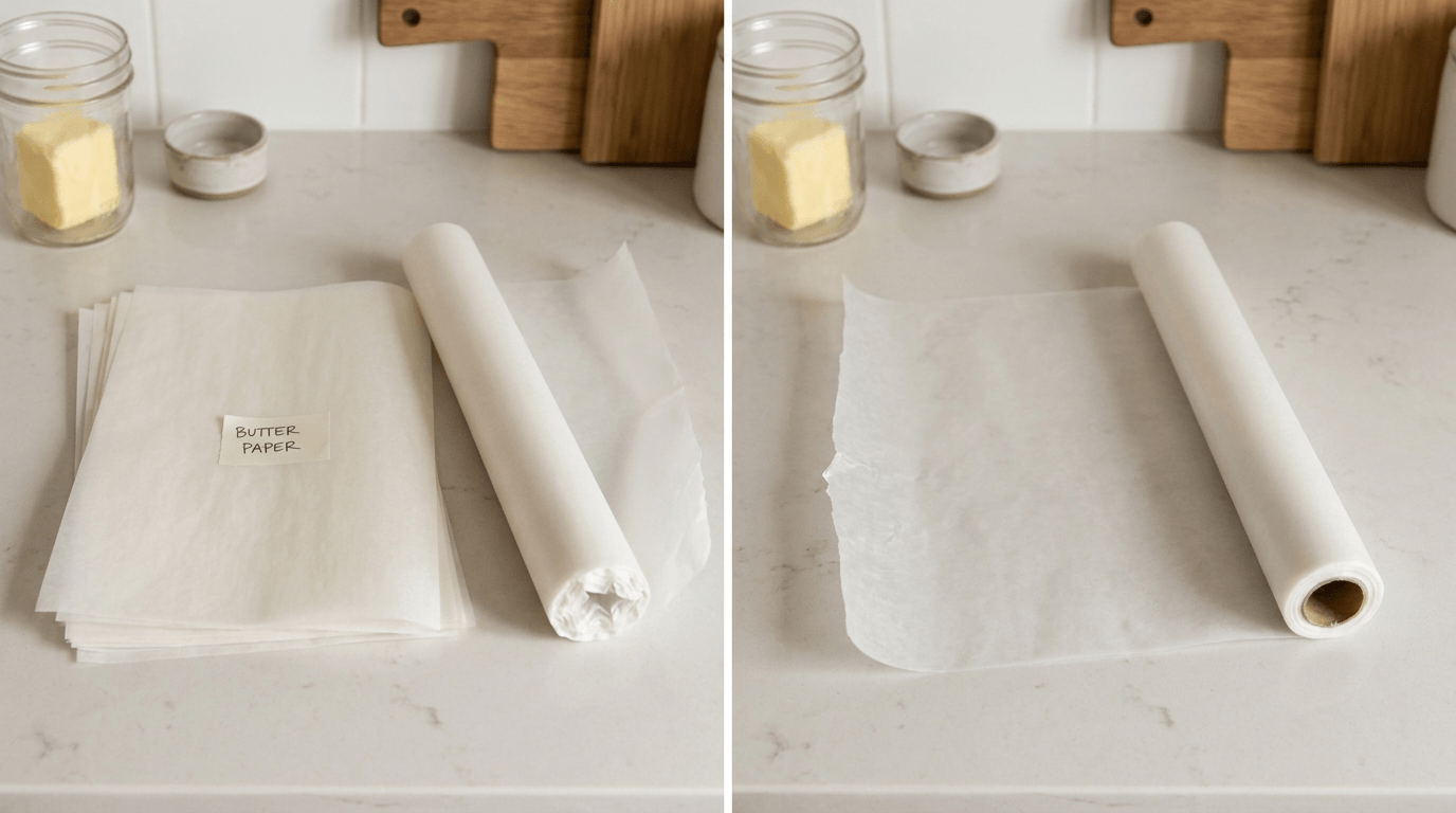 Parchment butter paper sheets and a roll of wax paper on a kitchen surface