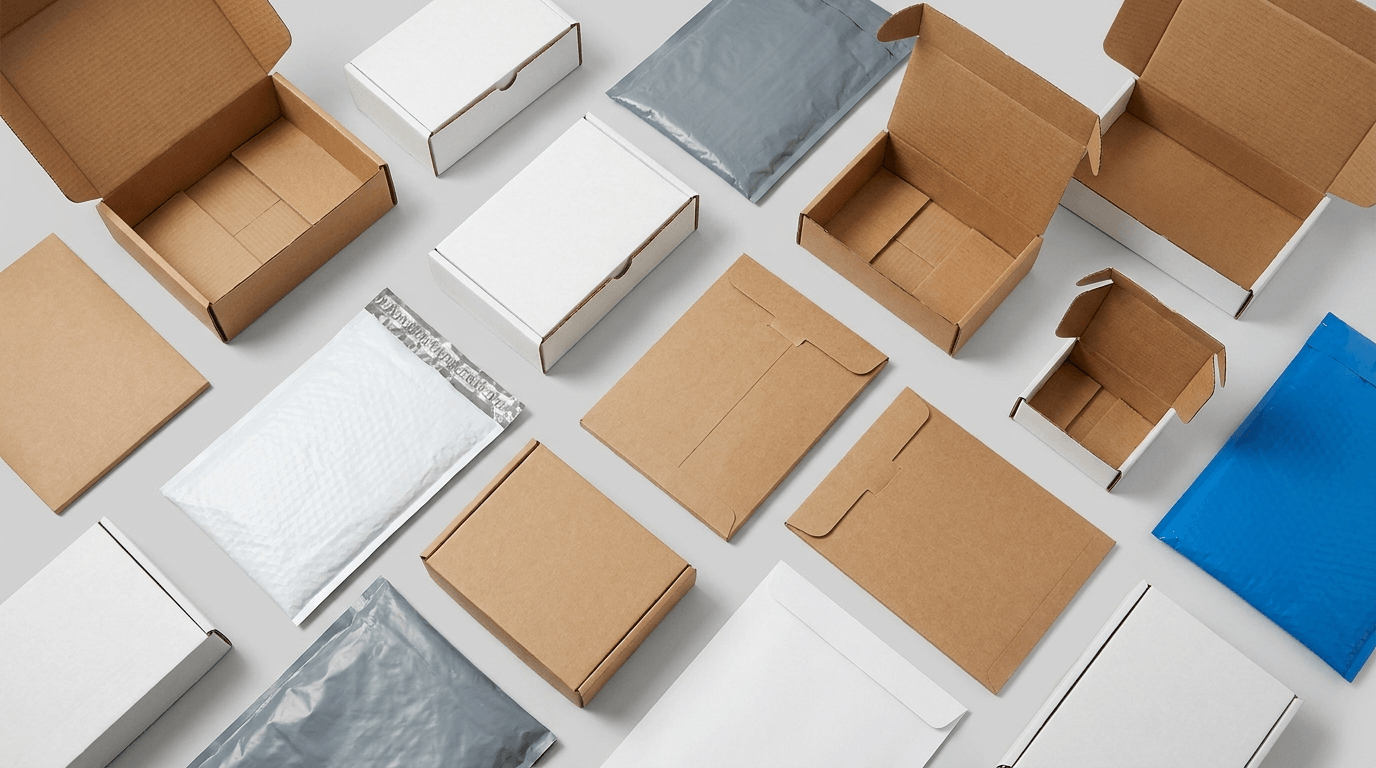 A flat lay of different mailer types: corrugated boxes, poly mailers and rigid mailers
