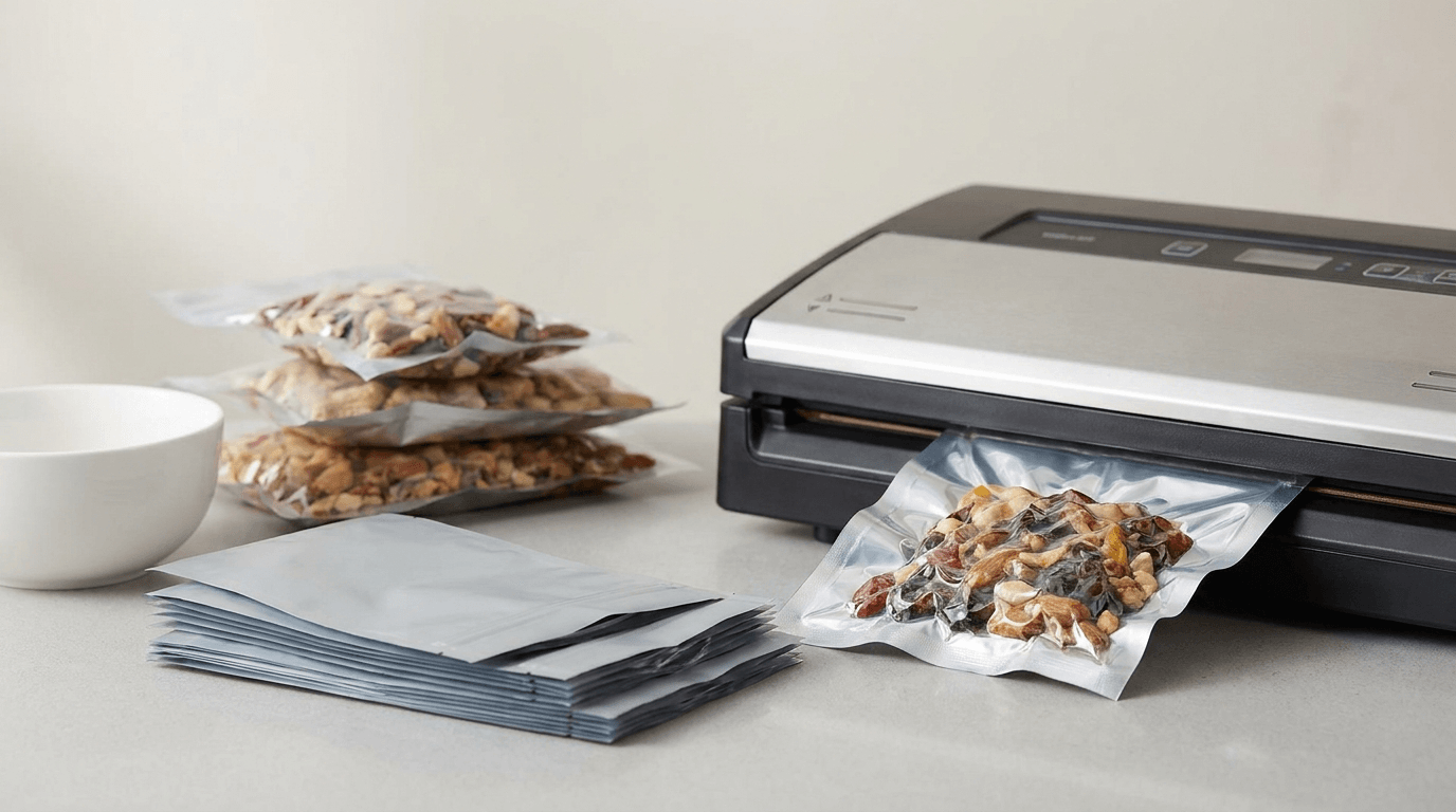 Mylar bags being vacuum sealed next to a vacuum sealer machine