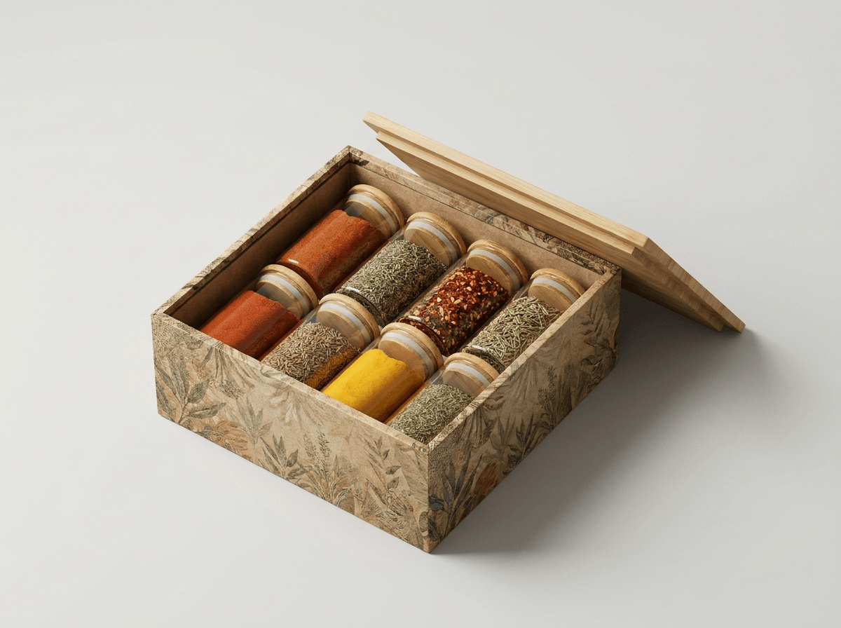 A custom printed spice box with small spice jars