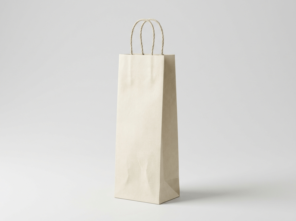 A tall narrow gift bag for a wine bottle, with handles