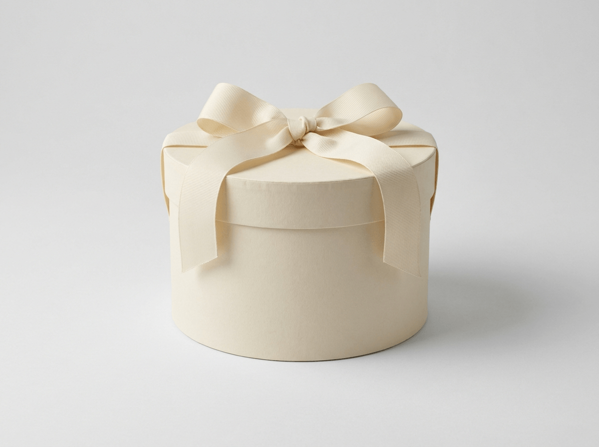A round hat box with a lid and ribbon handle