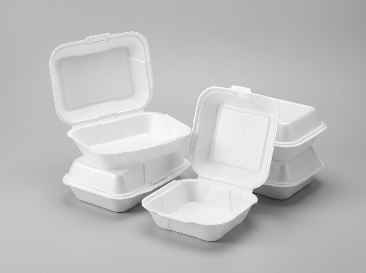White foam clamshell food takeout containers