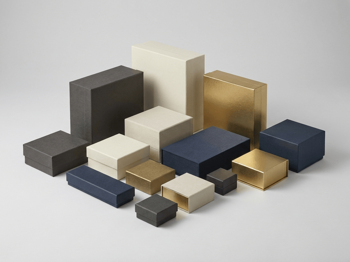 An assortment of premium rigid setup boxes in a display