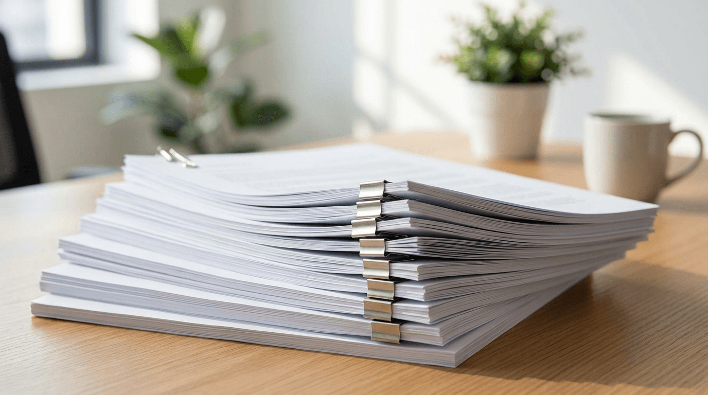 A stack of collated printed document sets fanned out on a desk
