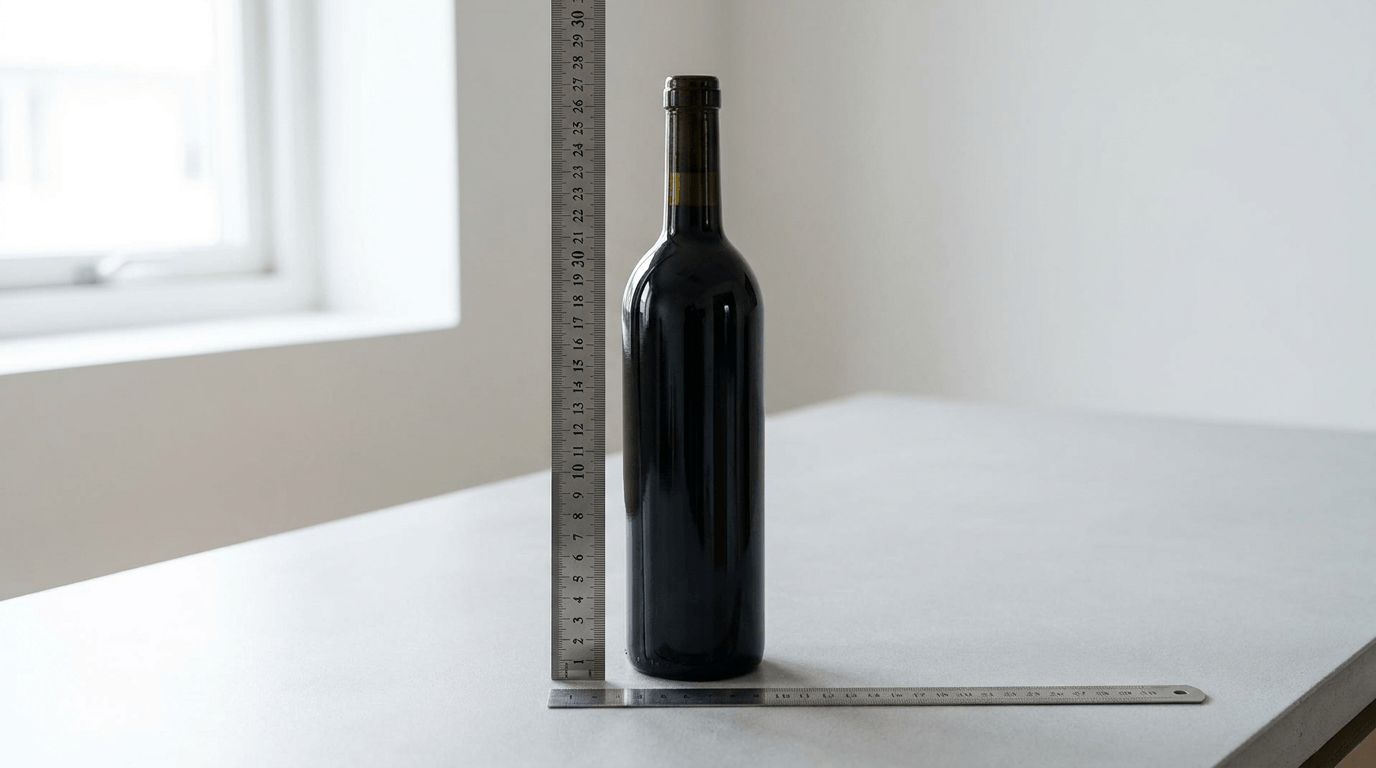 A 750 ml wine bottle beside a ruler on a clean surface
