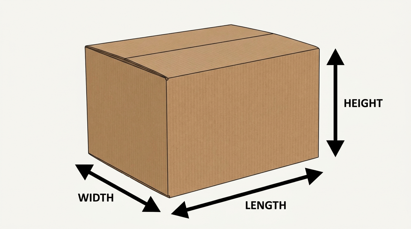 A cardboard box with arrows showing length, width and height dimensions