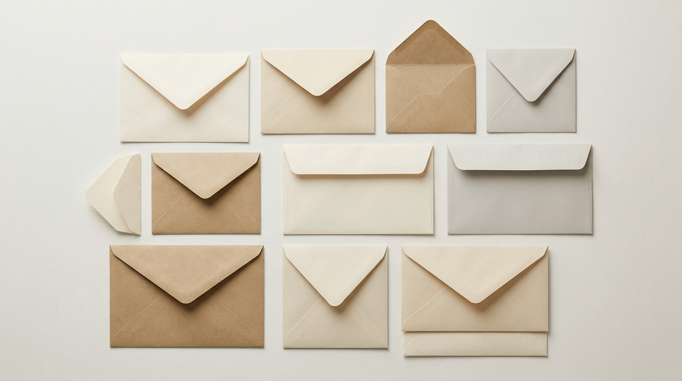 An assortment of paper envelopes in different standard sizes laid out