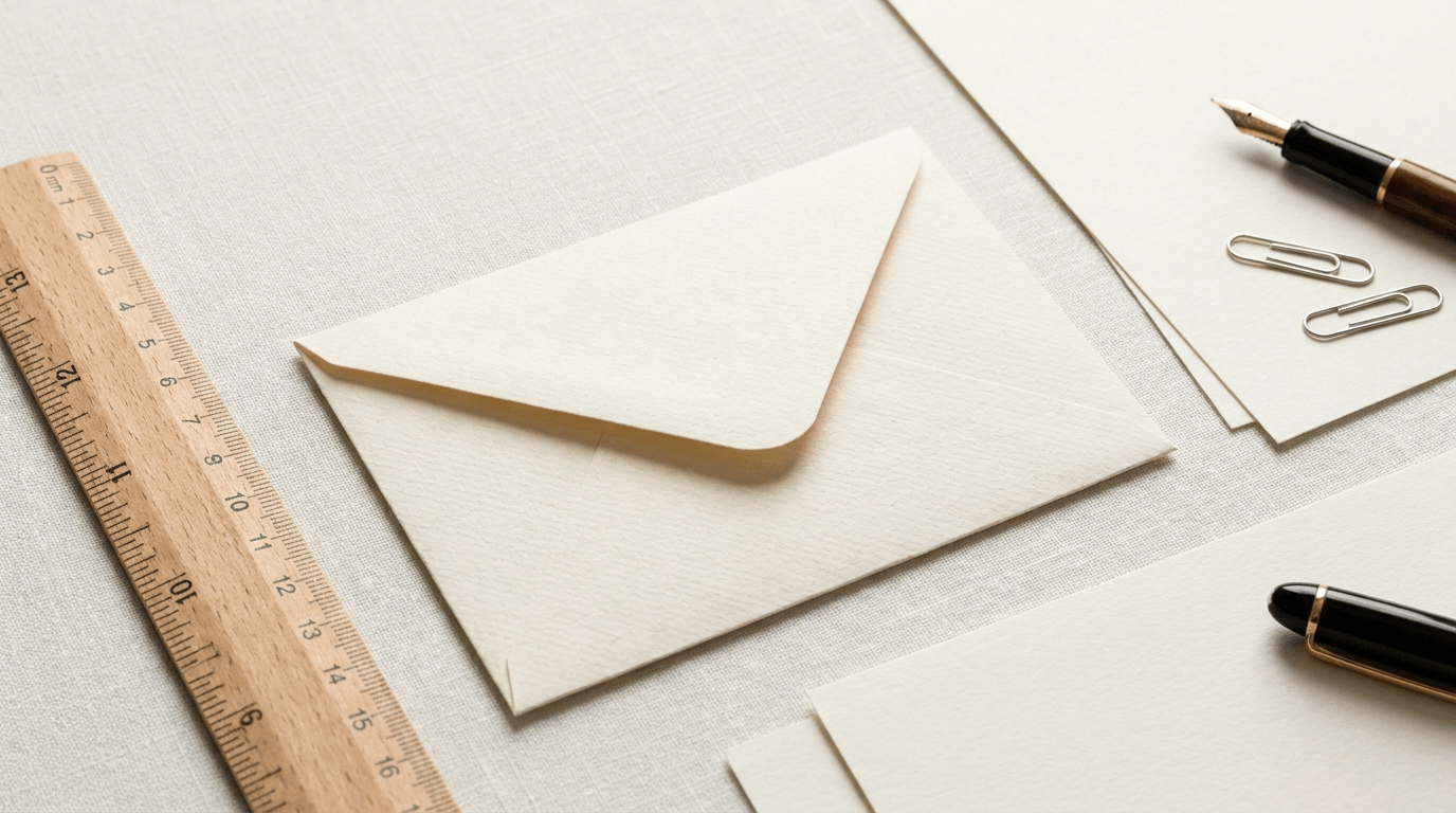 A small A6 envelope beside a ruler