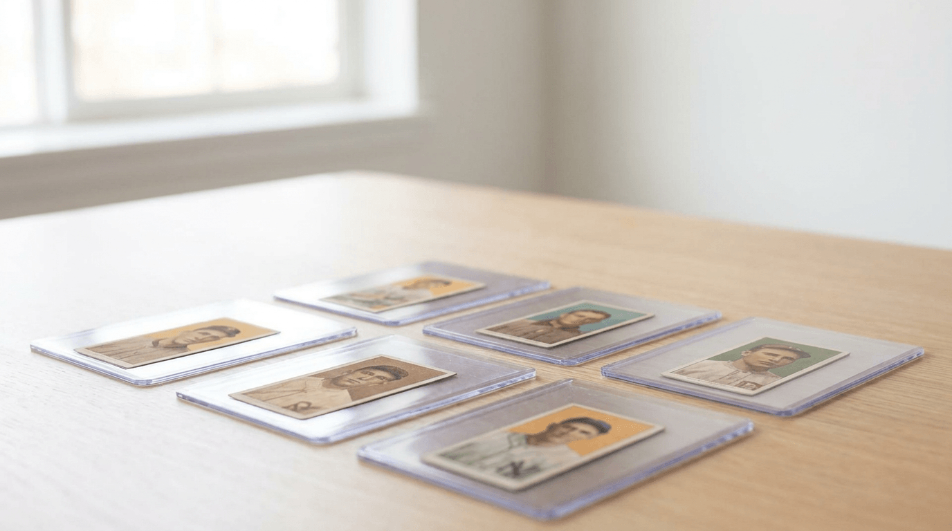 Baseball trading cards in protective sleeves on a table