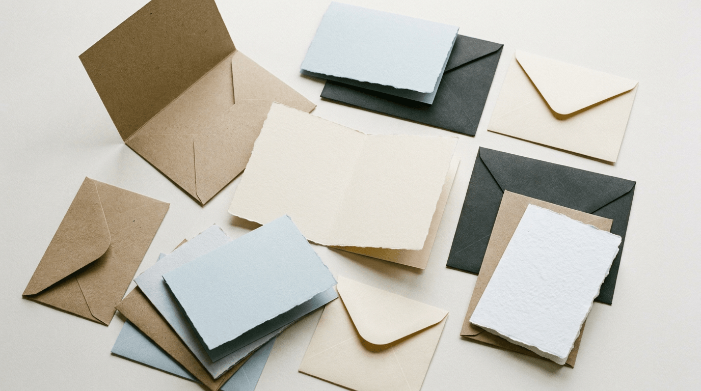 An assortment of greeting cards in different sizes with envelopes