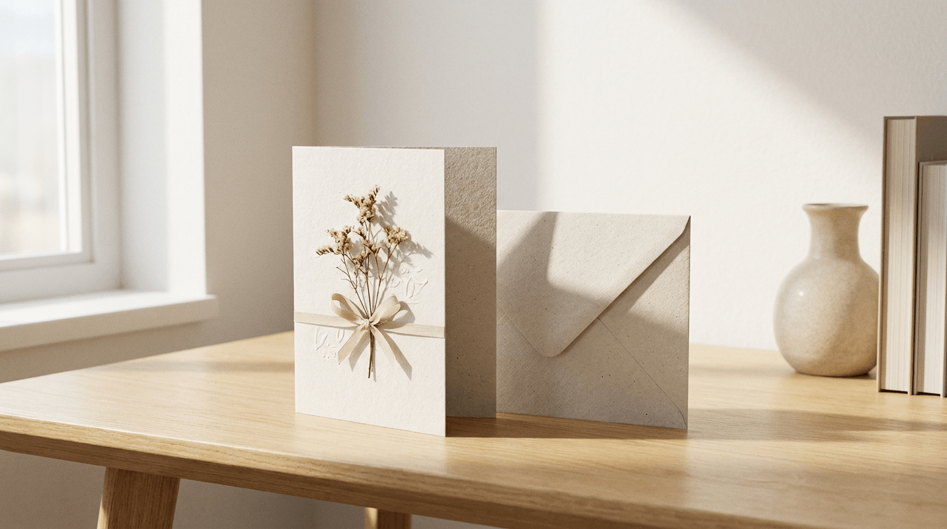 A birthday card standing beside its envelope on a desk