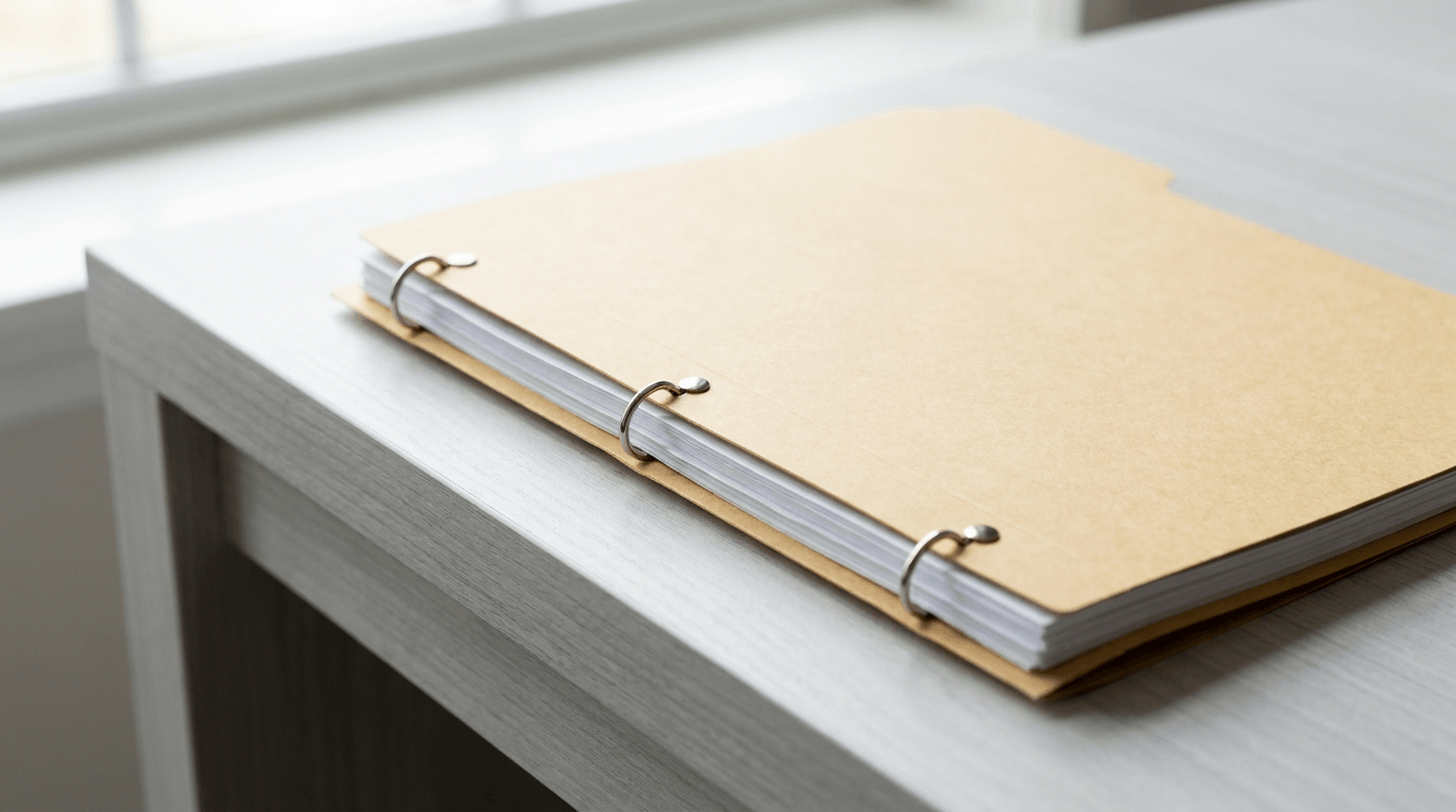 A two-pocket folder with metal brad fasteners holding papers