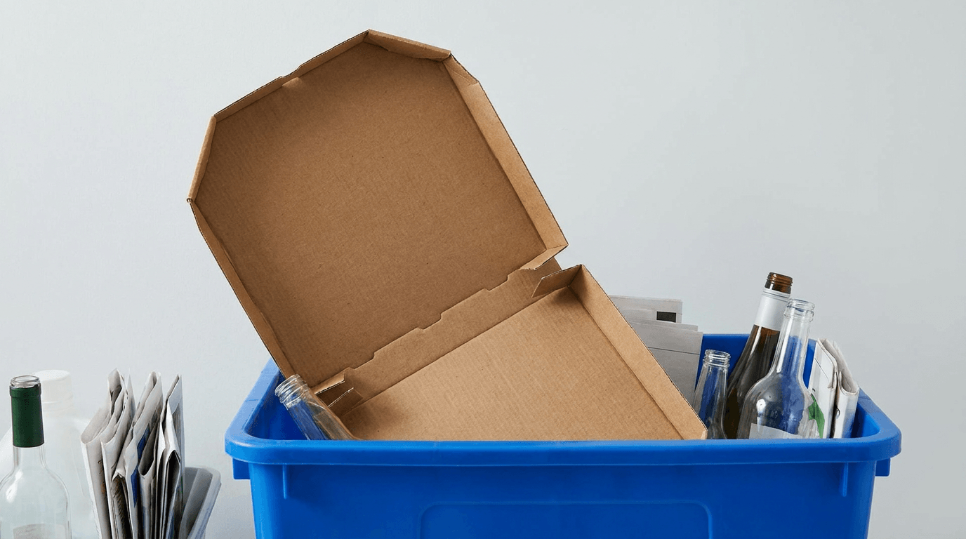 A flattened cardboard pizza box in a recycling bin