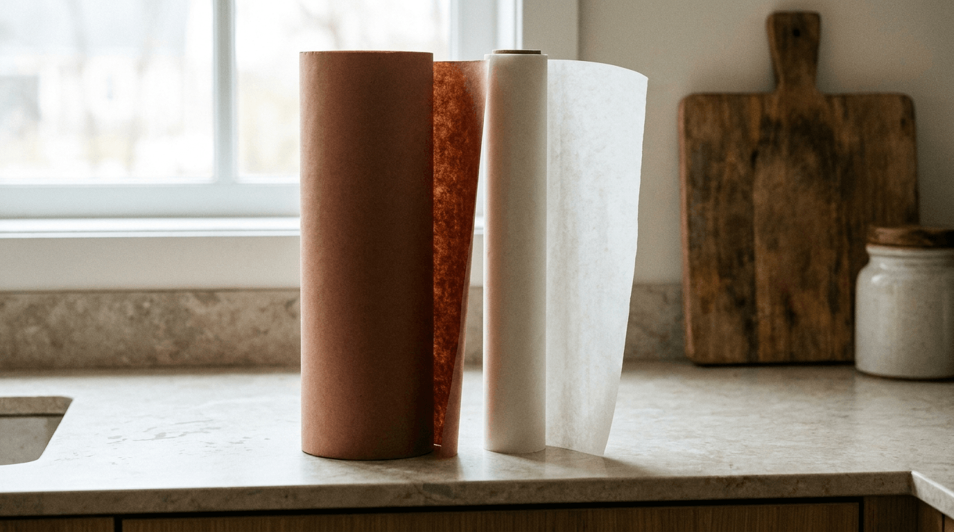 A roll of butcher paper next to a roll of parchment paper on a kitchen counter