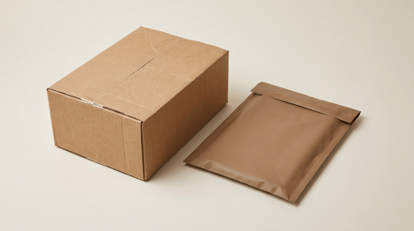 A plain unmarked brown shipping box and poly mailer, discreet packaging