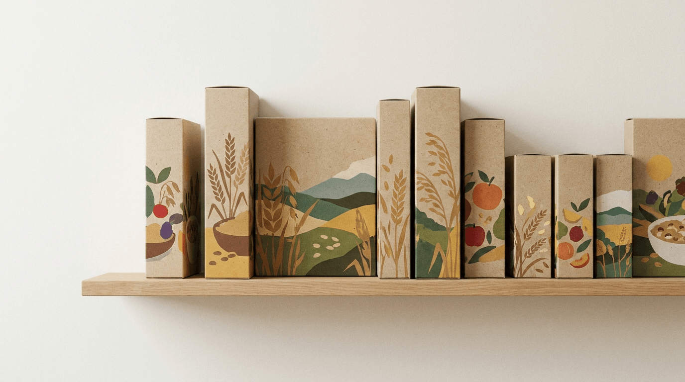 Cereal boxes in several sizes lined up on a shelf