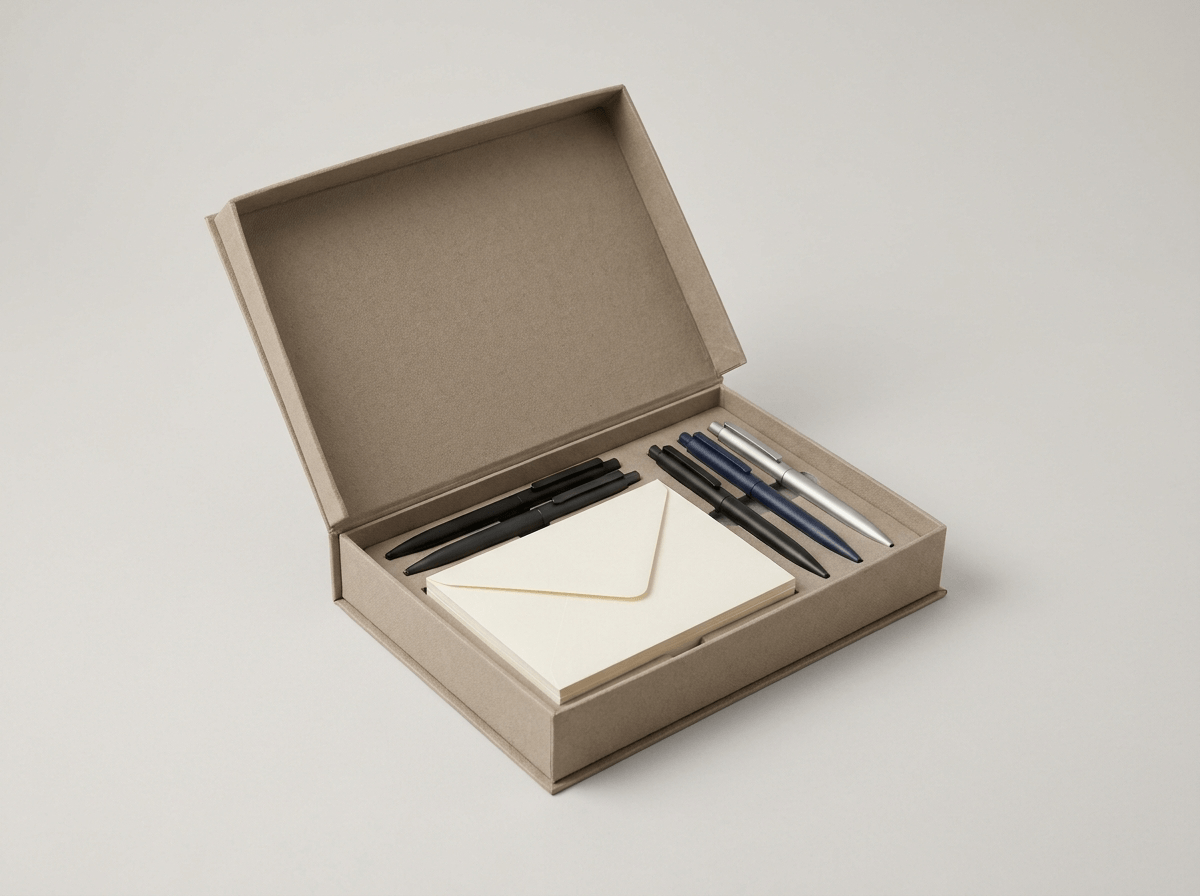 A rigid stationery gift box with pens and notecards