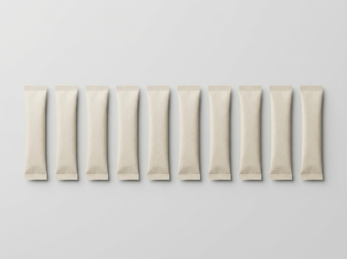 A row of small flat sachet packets, single-serve packaging