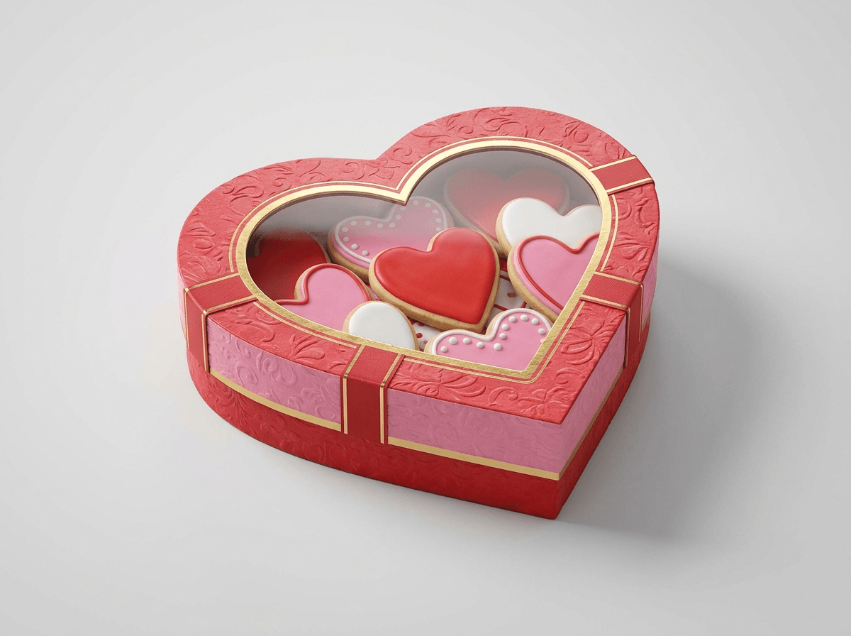 A heart-themed Valentine cookie box with a window
