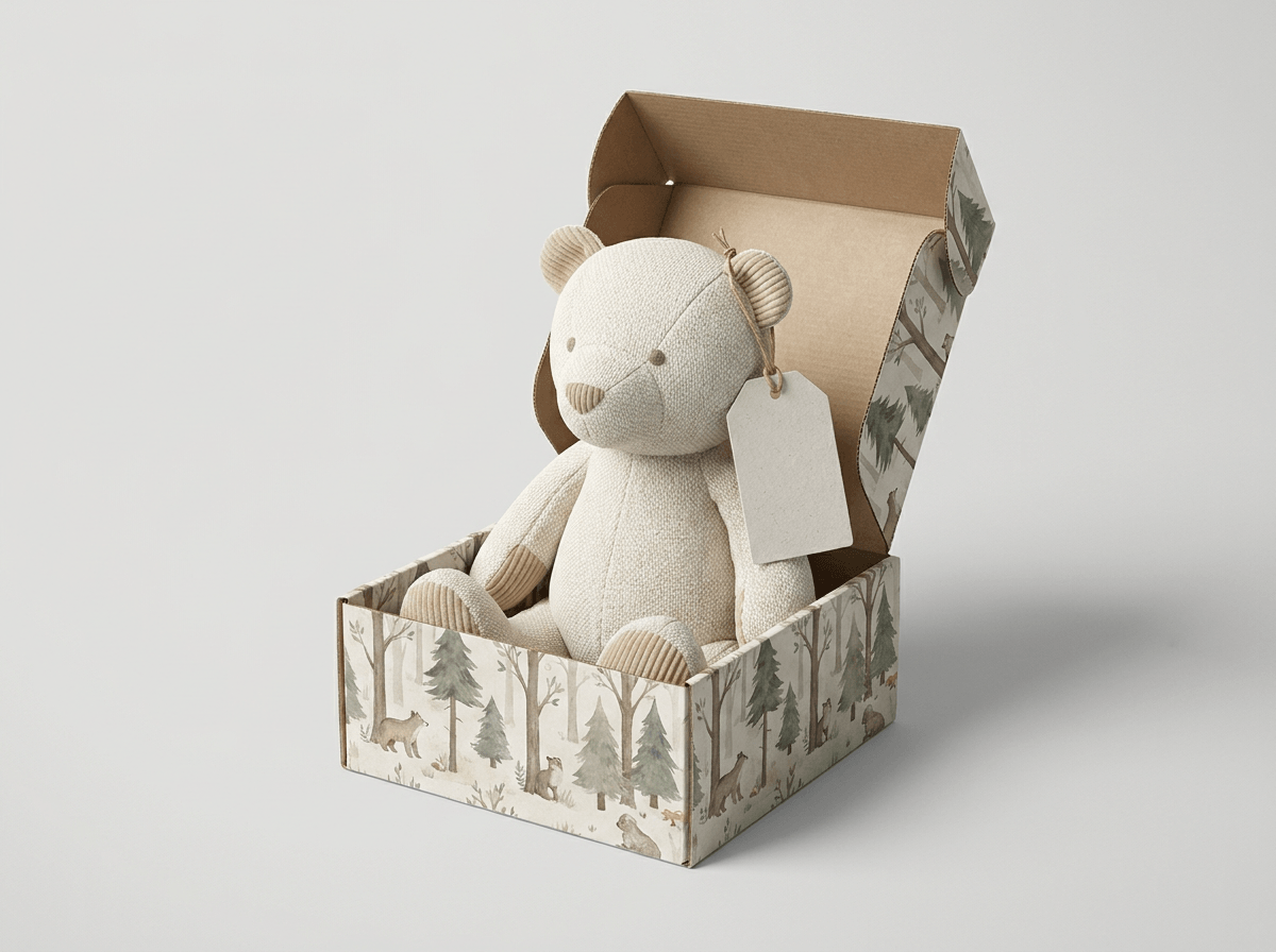 A printed box with a plush toy and a hang tag