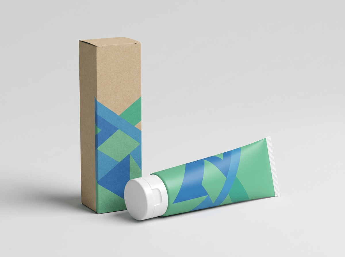 A printed toothpaste carton with a tube beside it
