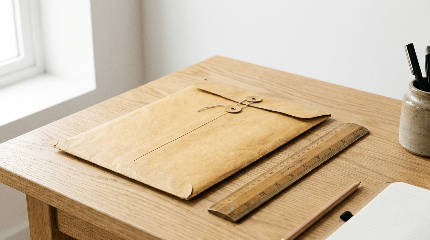 A manila envelope beside a ruler on a desk, stationery