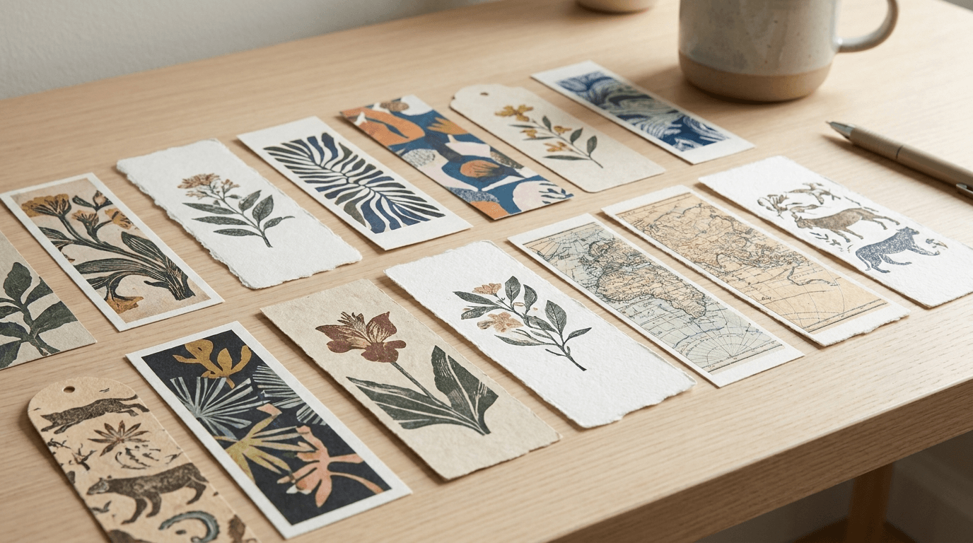 An assortment of printed paper bookmarks in different sizes on a desk