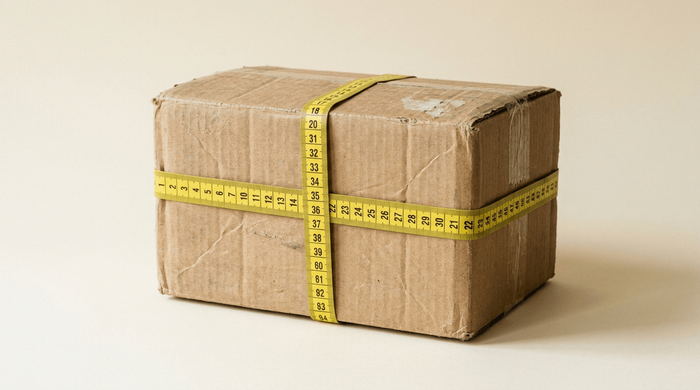 A cardboard box with a measuring tape wrapped around its girth