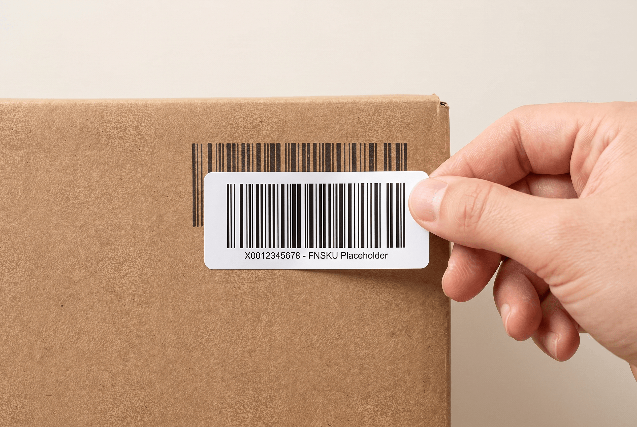 An Amazon FBA FNSKU barcode label applied to a product box