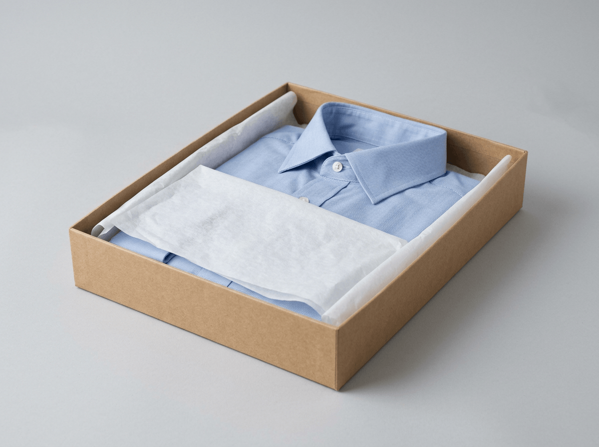 A flat rigid shirt gift box with a folded shirt and tissue