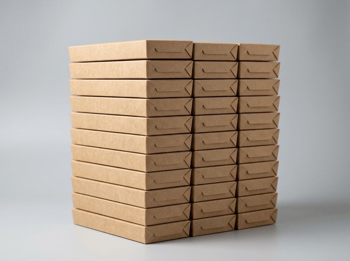 A bulk stack of plain kraft folding boxes