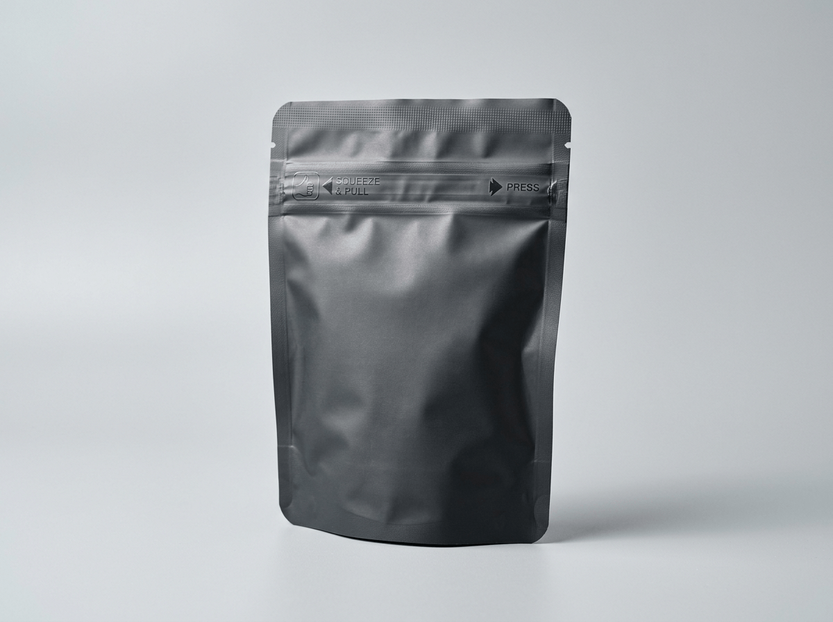 A matte child-resistant mylar cannabis edibles bag