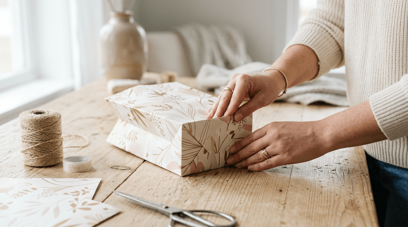 Hands folding wrapping paper into a gift bag on a table