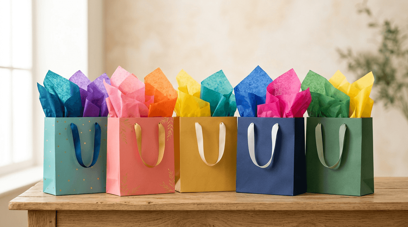 Gift bags with colorful tissue paper poking out