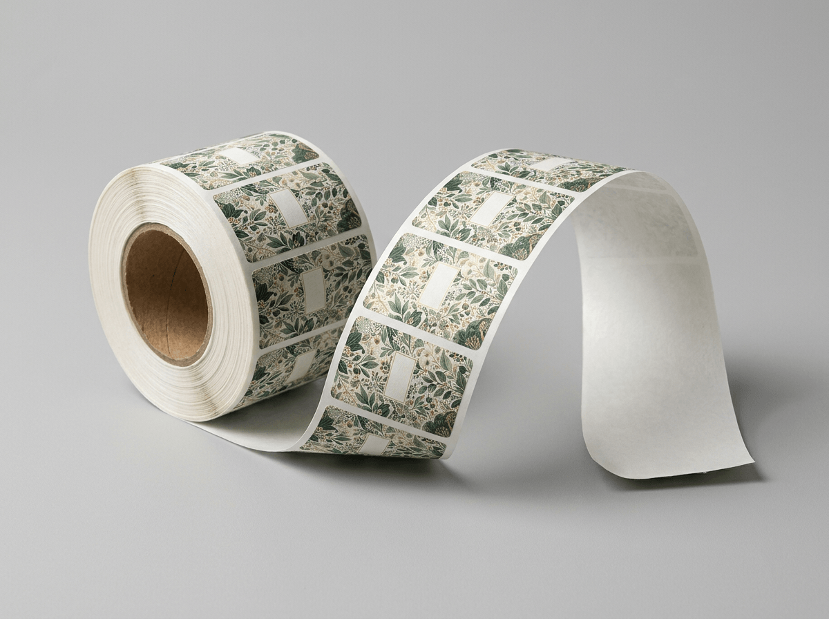 A roll of printed product labels partly unwound