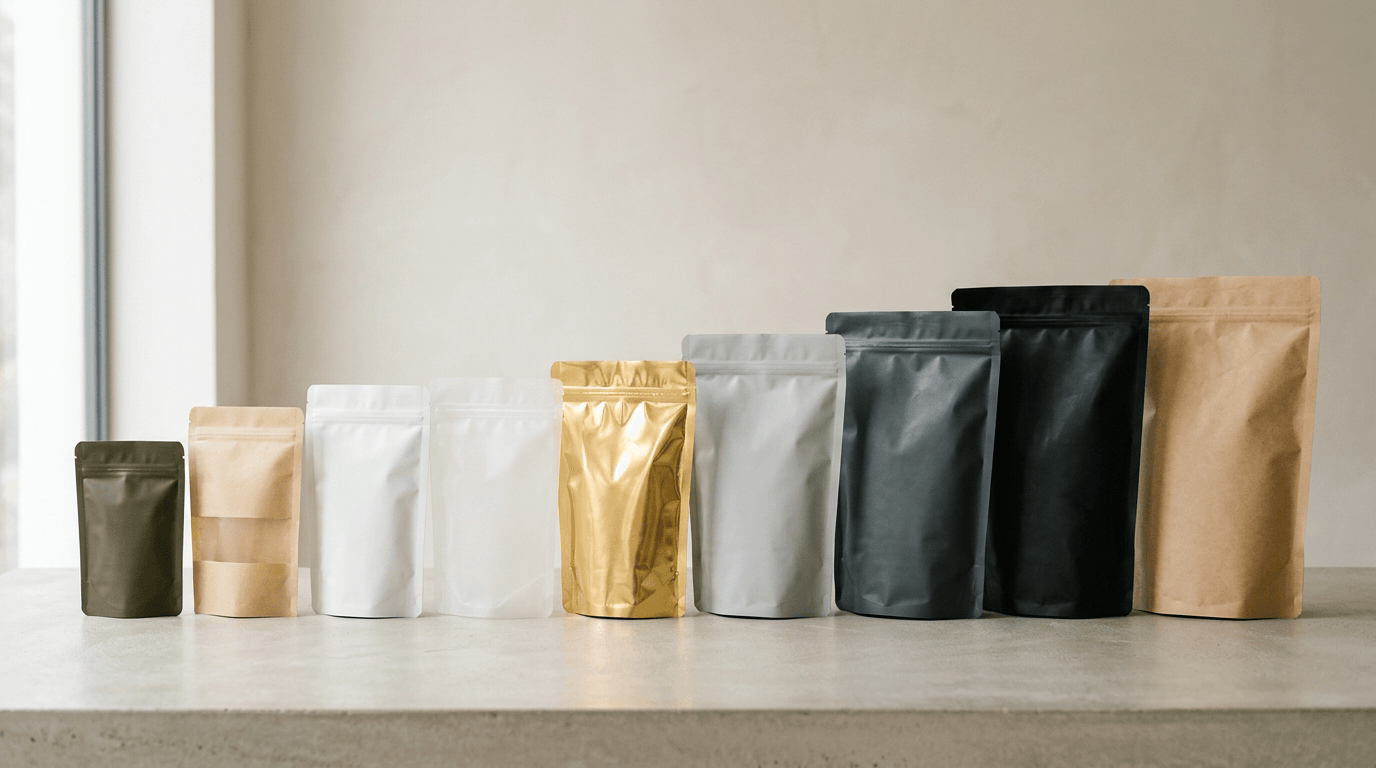 An assortment of stand up pouch bags in different sizes