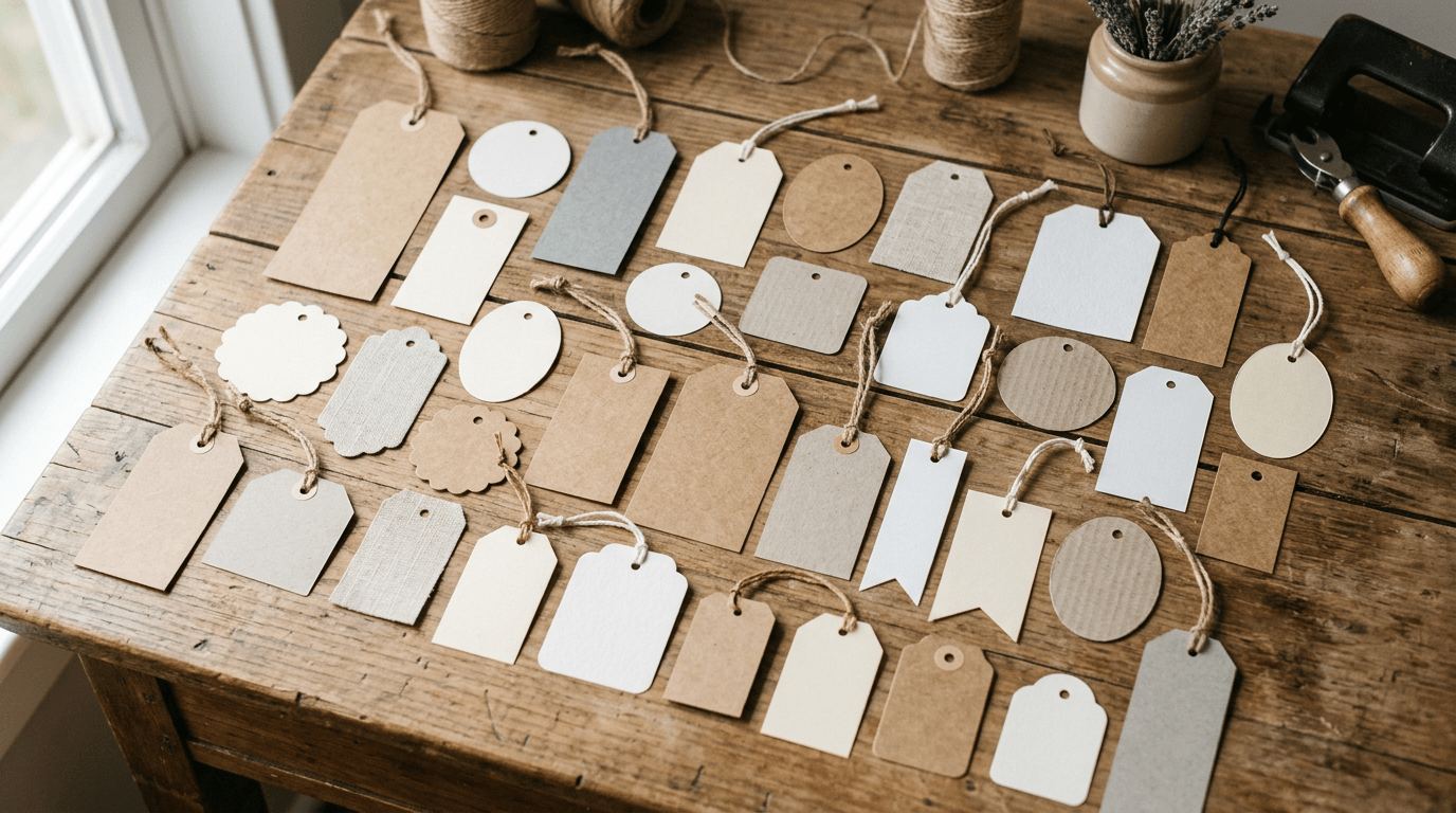 Assorted paper hang tags in different sizes and shapes