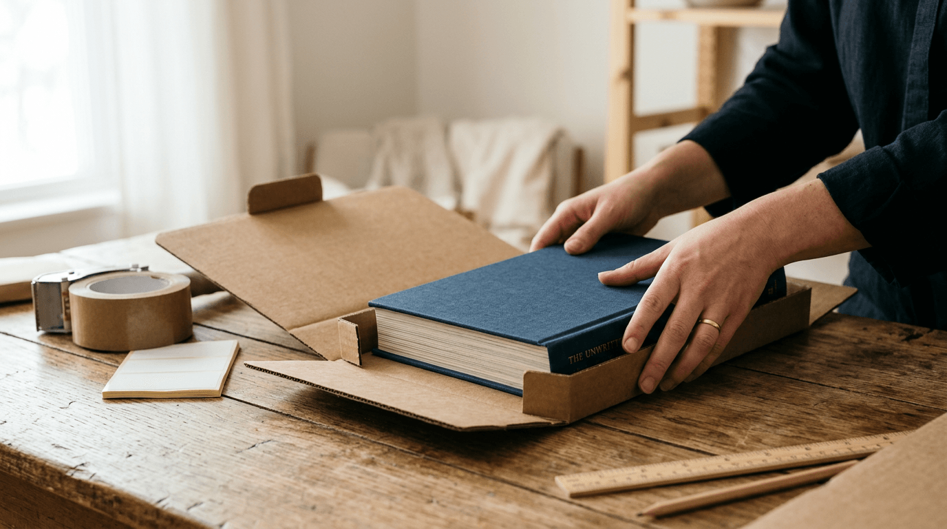 A hardcover book being packed into a cardboard book mailer