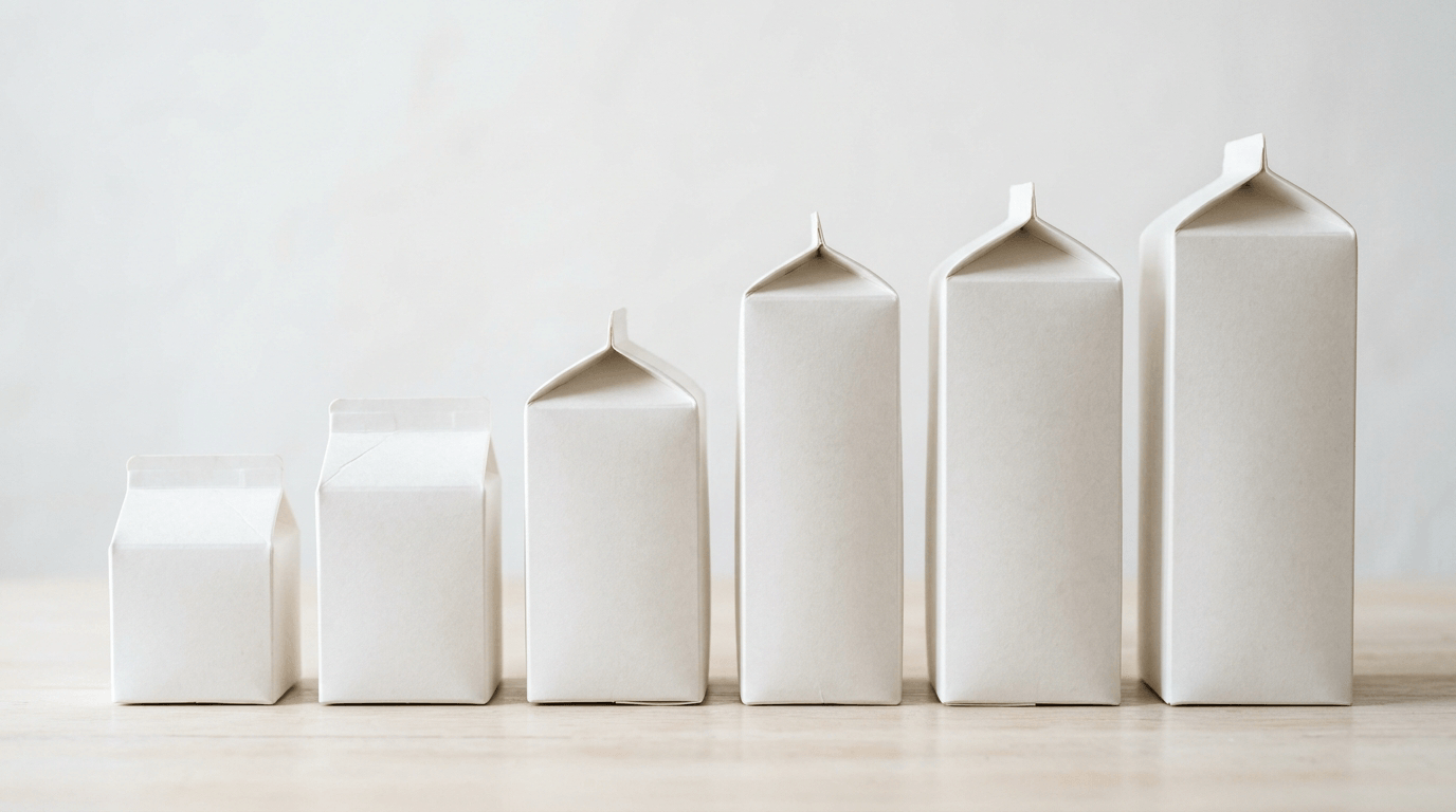 Gable-top milk cartons in several sizes lined up
