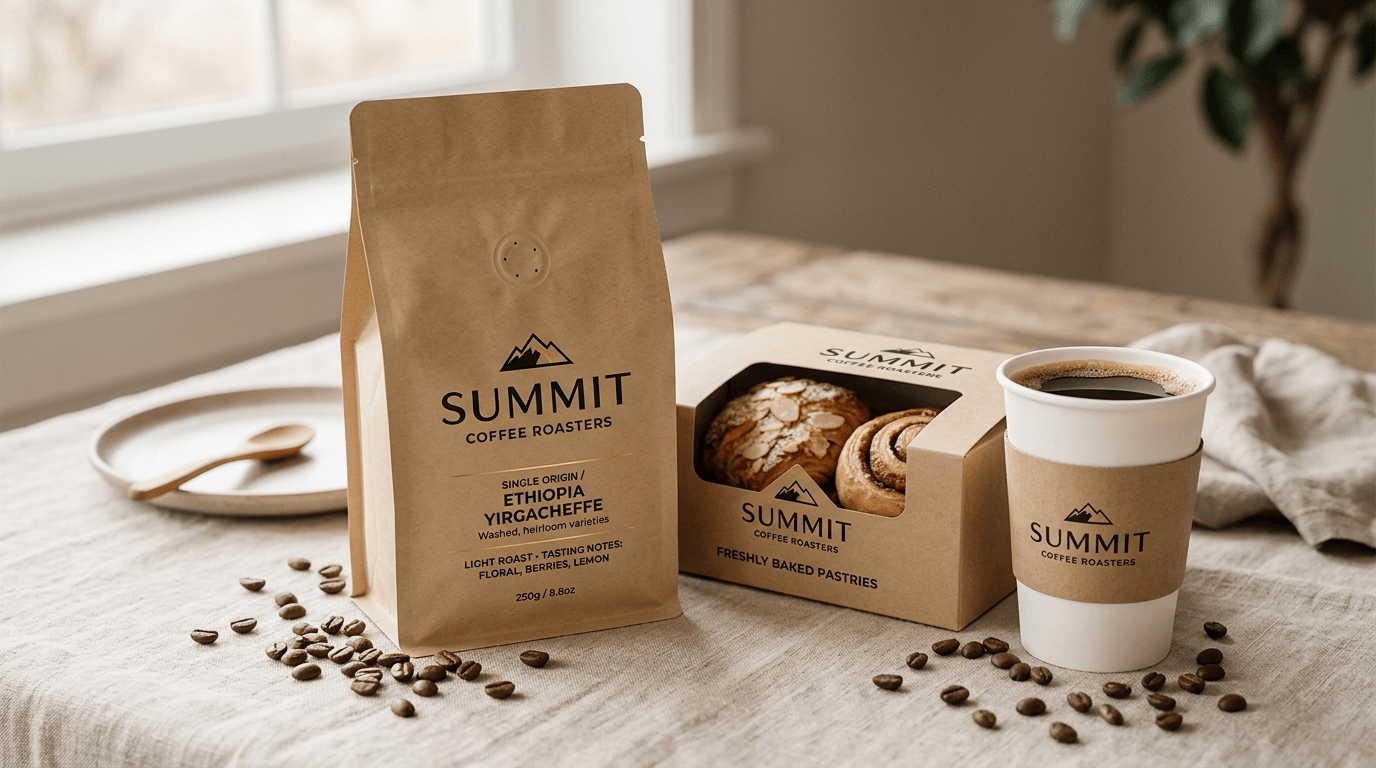 Specialty coffee brand stand-up pouch with valve and matching bakery box
