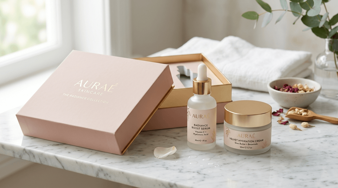 Luxury skincare rigid gift box with serum bottle and cream jar labels