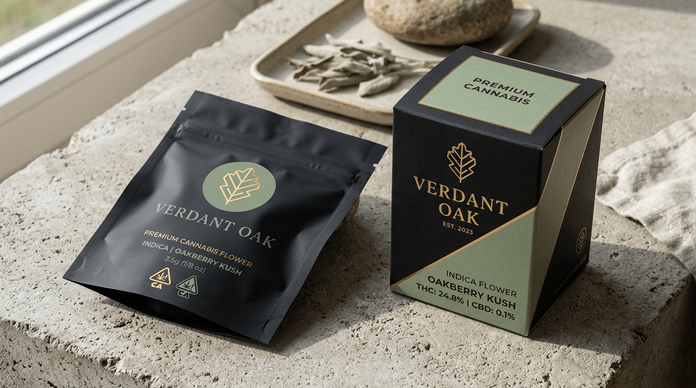 Modern cannabis brand child-resistant mylar bags and printed carton