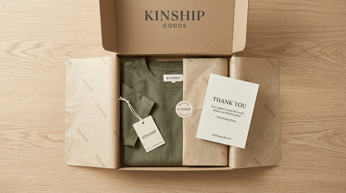 Branded e-commerce unboxing with mailer box, tissue, sticker and hang tag