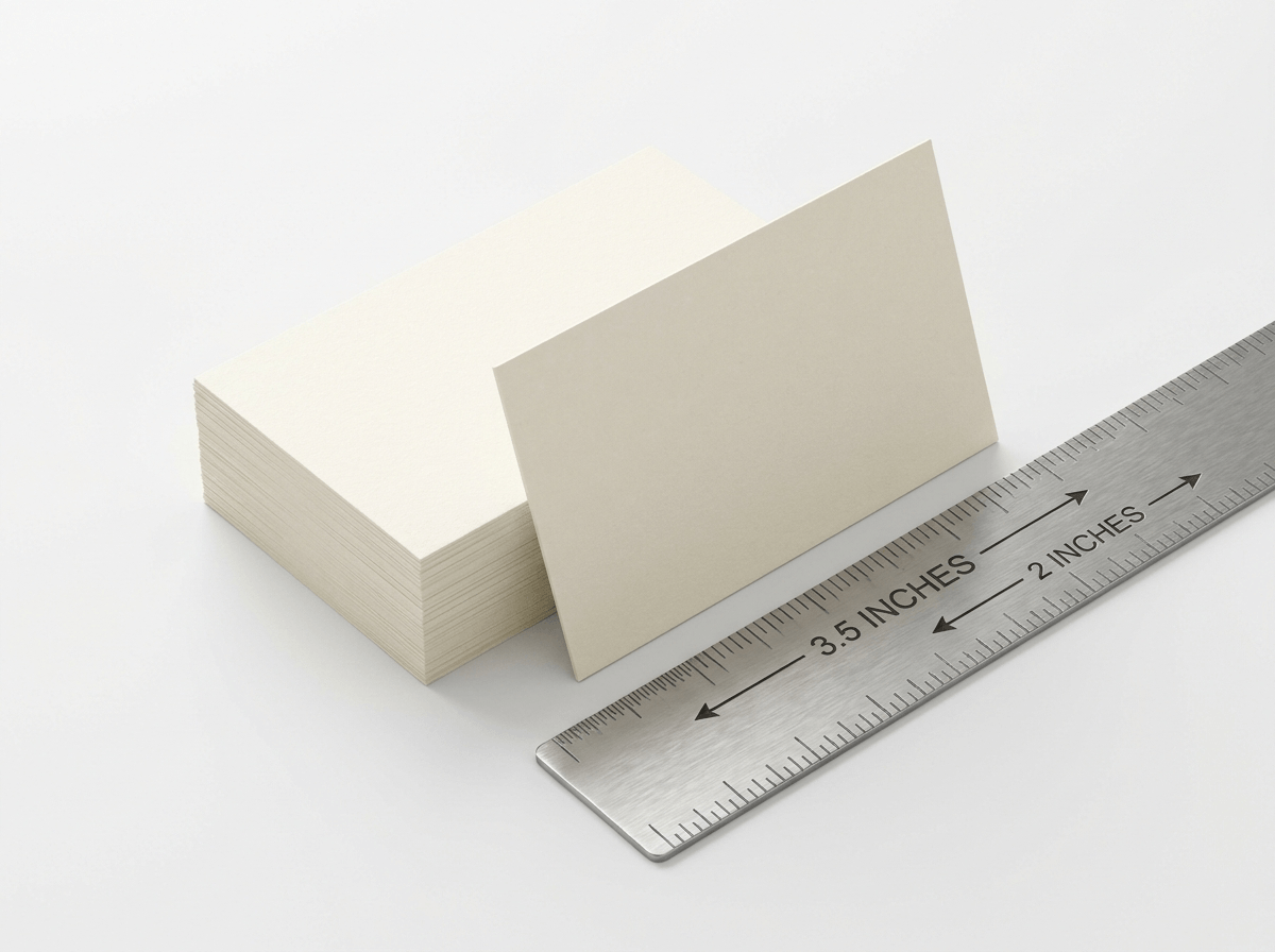 Stack of ivory business cards beside a steel ruler showing 3.5 by 2 inches