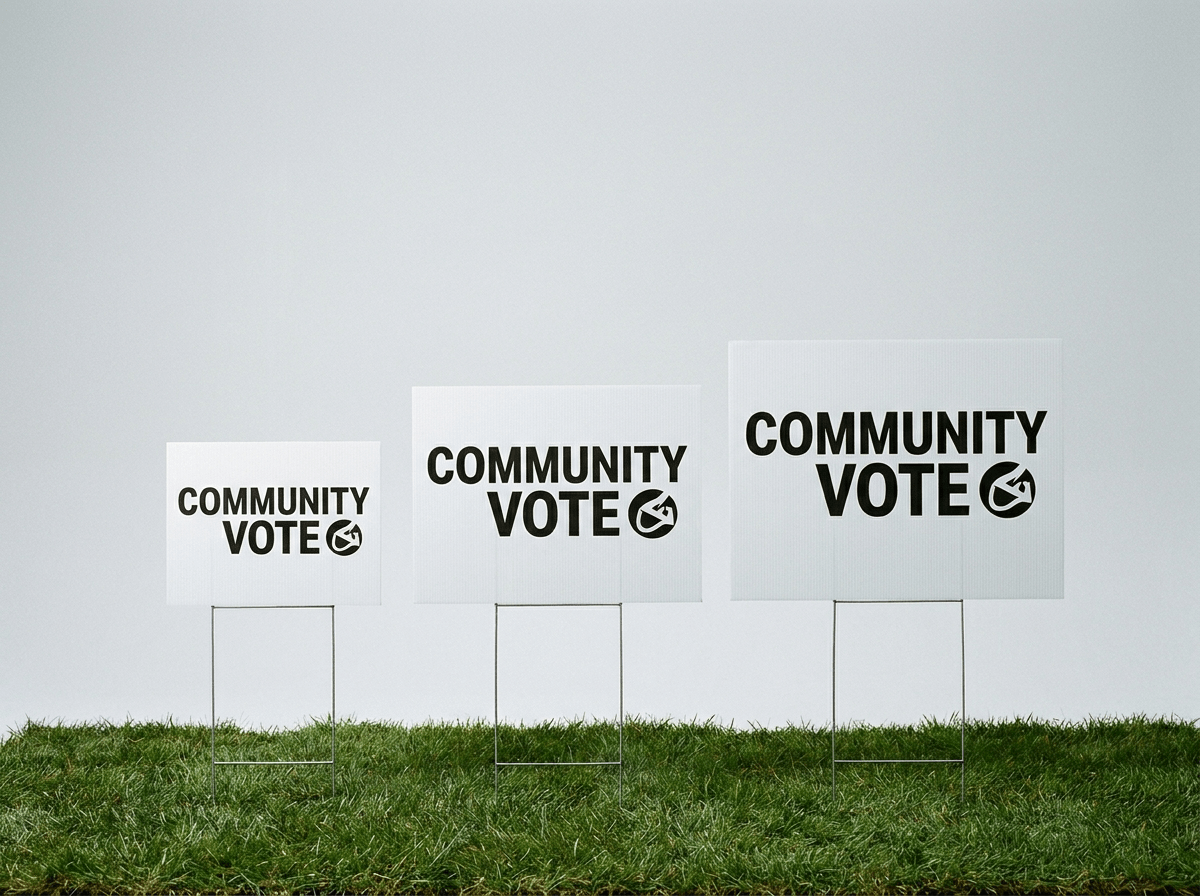 Three corrugated plastic yard signs in graduated sizes standing on wire stakes