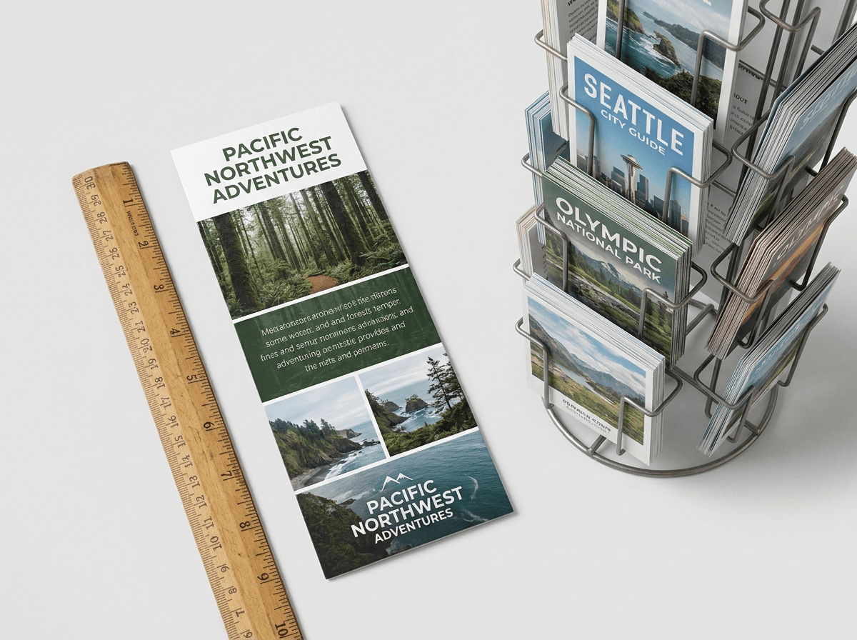 A 4x9 inch rack card beside a ruler and a wire display rack of tourism cards