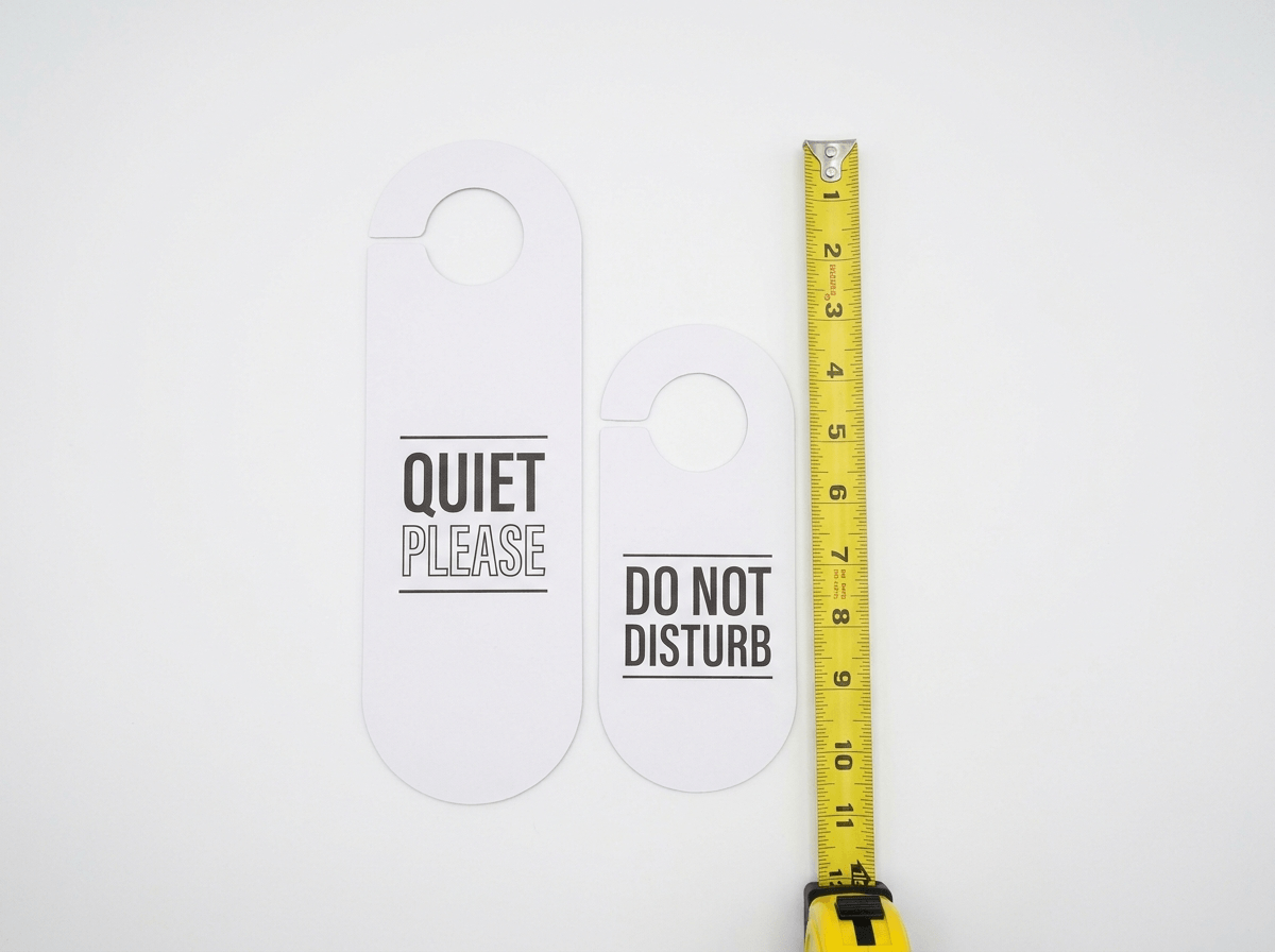 Two printed door hangers in different sizes beside a measuring tape
