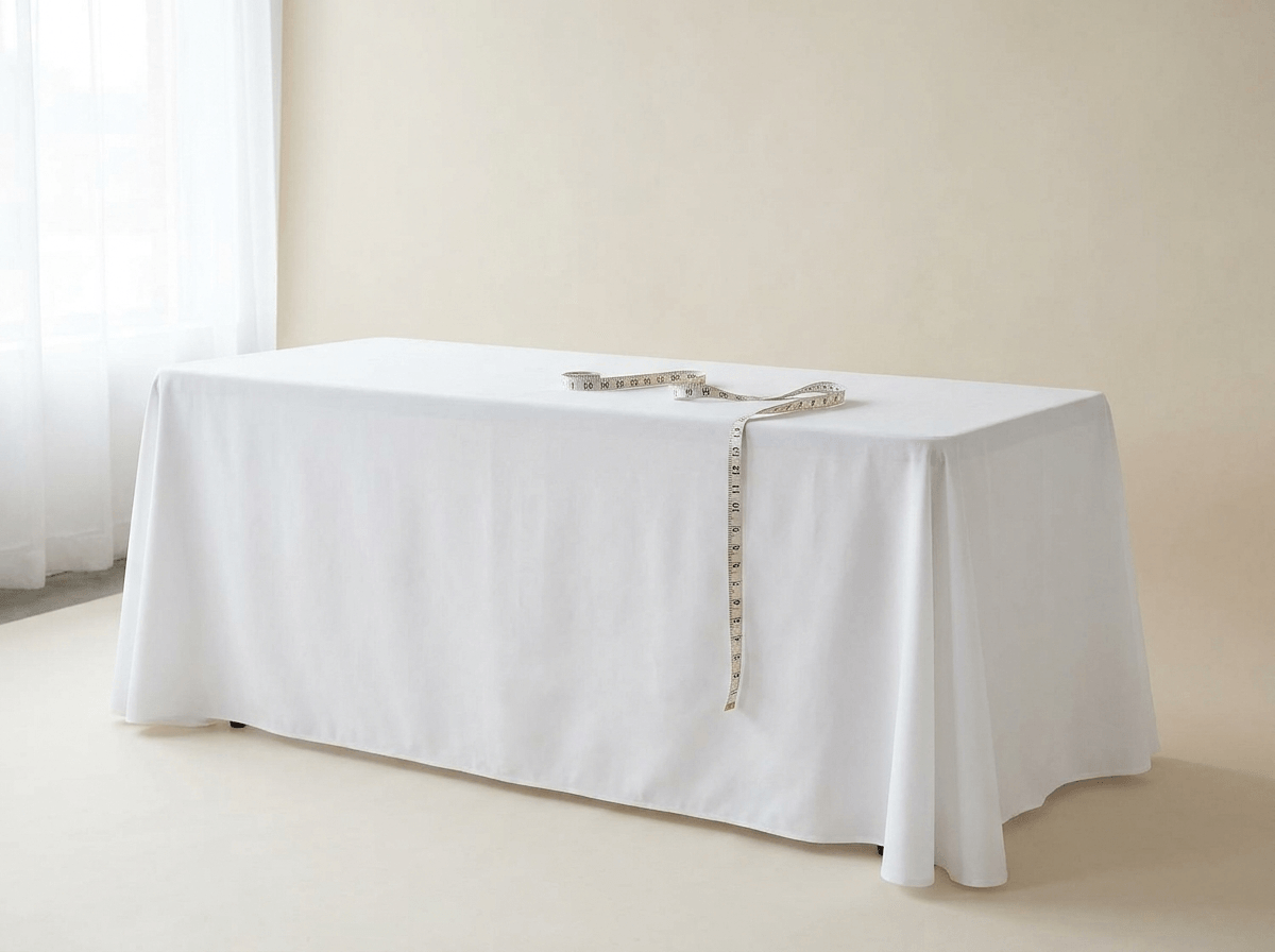 A 6 foot folding table dressed in a white floor-length tablecloth with a measuring tape